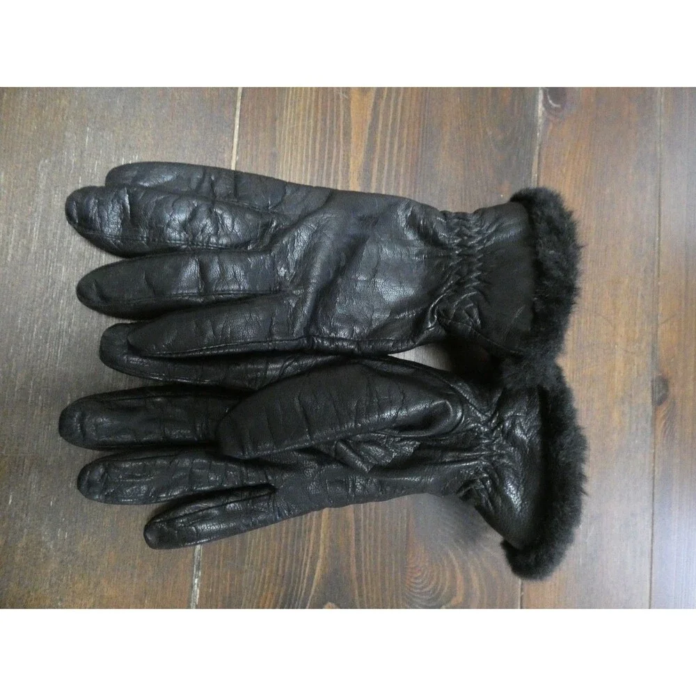 VTG Fownes Women's 8 Black Leather Gloves Faux Fur Lined Cuffs Wrist Length Chic